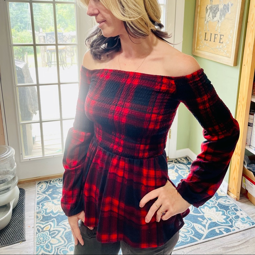 Off the shoulder Red Checkered Top